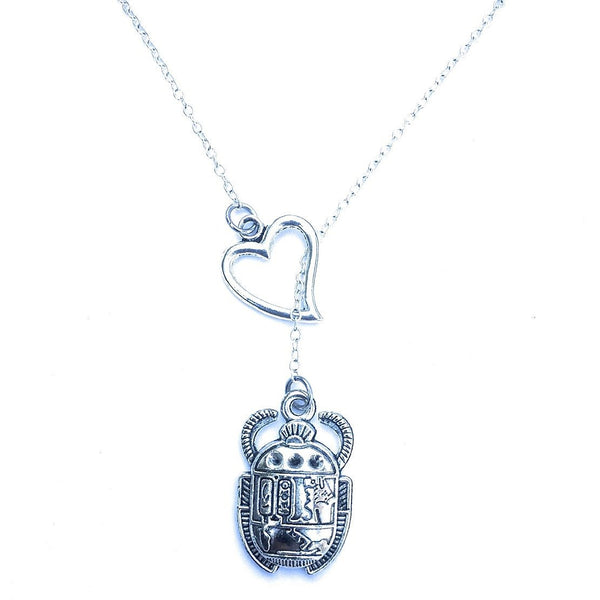 I Love Egyptian Beetle Silver Lariat Y Necklace.