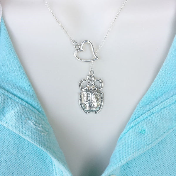 I Love Egyptian Beetle Silver Lariat Y Necklace.