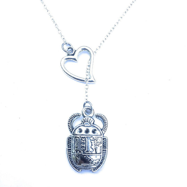 I Love Egyptian Beetle Silver Lariat Y Necklace.