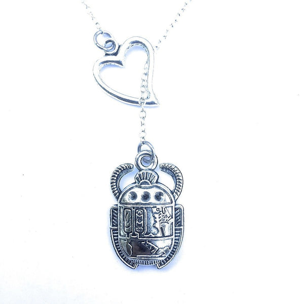 I Love Egyptian Beetle Silver Lariat Y Necklace.