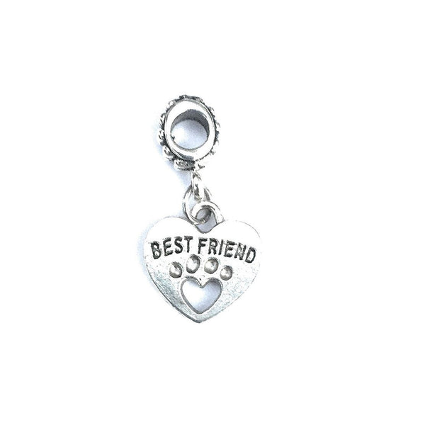 Handcrafted Silver Best Friend Dog Paw Charm Bead for Bracelet.
