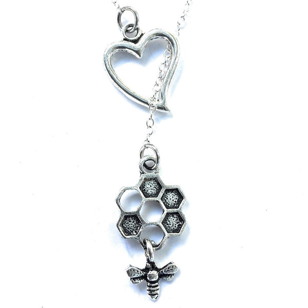 I Love Bee Hive Handcrafted Silver Lariat Y Necklace.