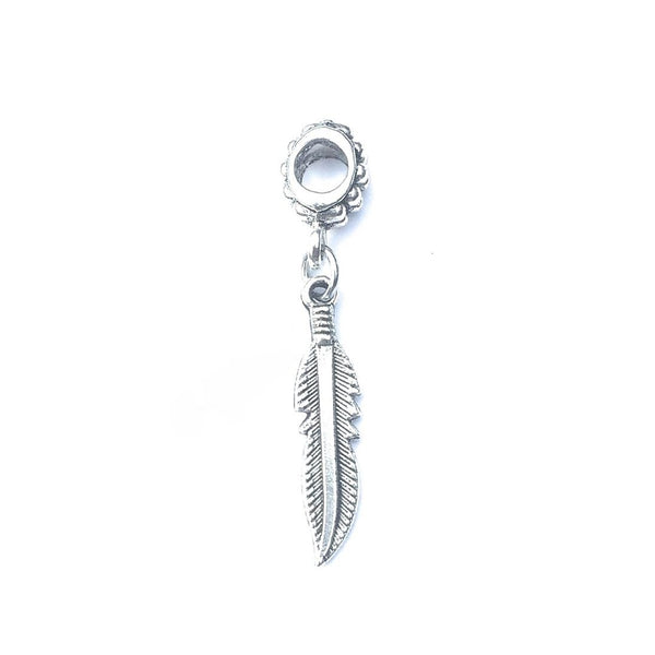 Handcrafted Silver Feather Charm Bead for Bracelet.