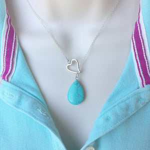 I Love Turquoise Teardrop Silver Lariat Y Necklace.