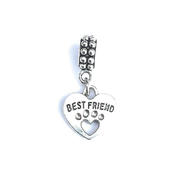 Handcrafted Silver Best Friend Dog Paw Charm Bead for Bracelet.