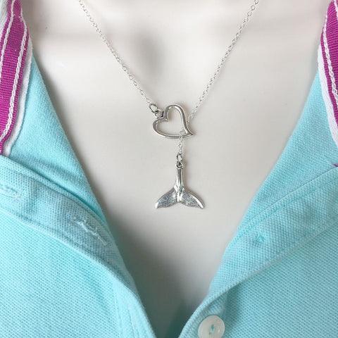 I Love Mermaid/Whale Tail Handcrafted Silver Lariat Y Necklace.