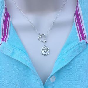 I Love Wise Bird Owl Silver Lariat Y Necklace.