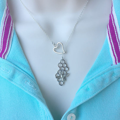 I Love Bee in Hive Silver Lariat Y Necklace.