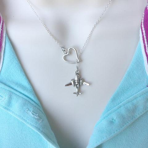 I Love Flying Airplane Silver Lariat Y Necklace.