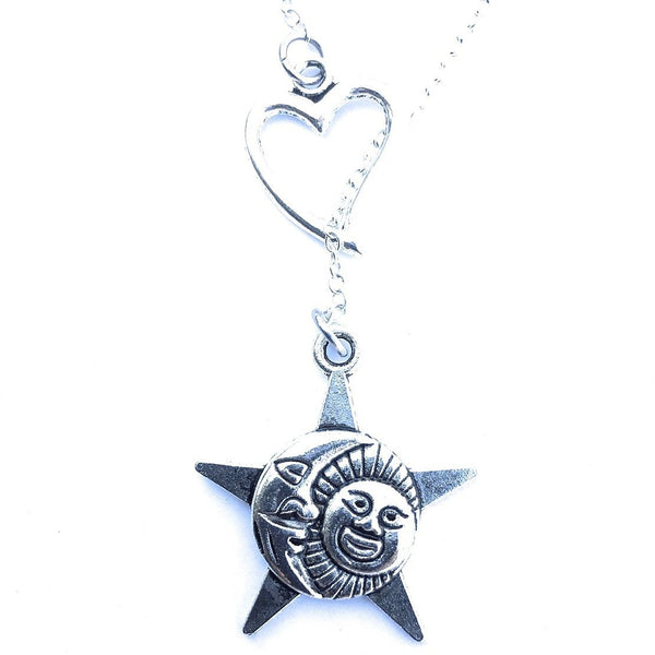 I Love Sun, Moon and Star Handcrafted Silver Lariat Y Necklace.