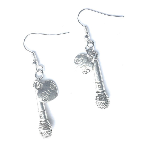 Singer Microphone and Sing Silver Dangle Earrings.
