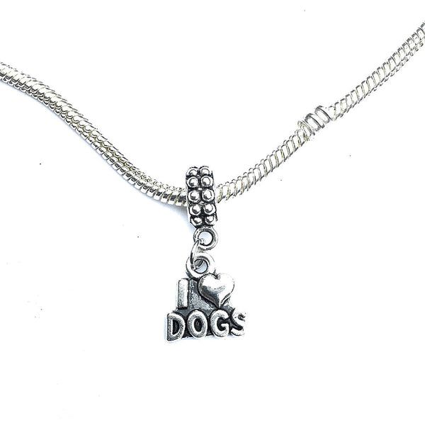 Silver I Love Dogs Charm Bead for Bracelet.