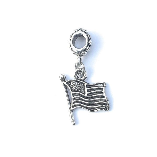 Handcrafted Silver USA Flag Charm Bead for Bracelet.