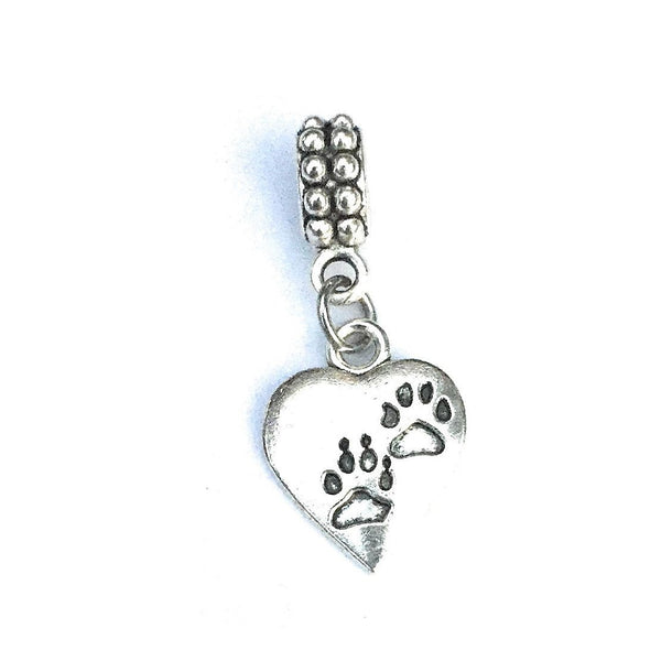 Silver Cat and Dog Paw Prints Charm Bead for Bracelet.