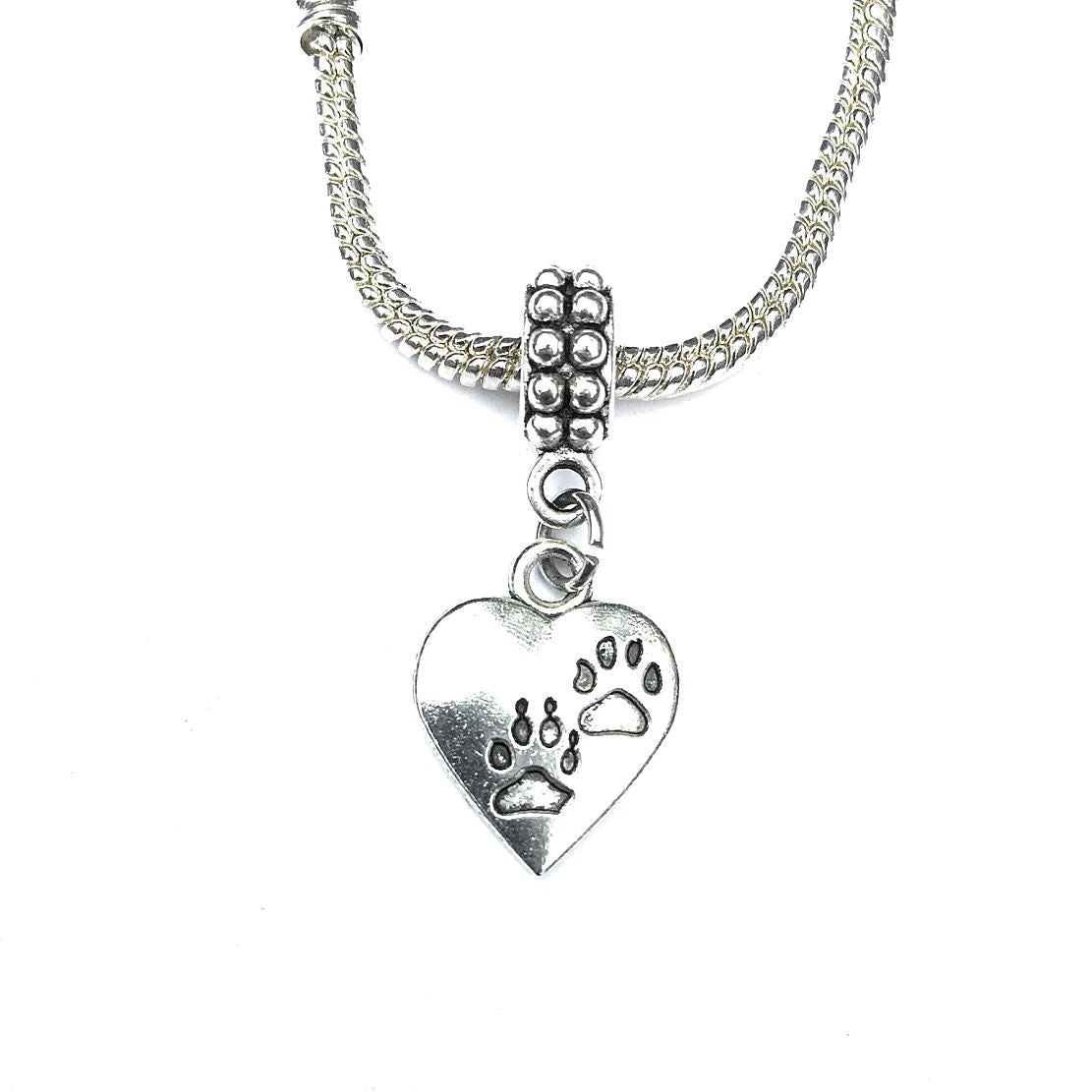 Silver Cat and Dog Paw Prints Charm Bead for Bracelet.