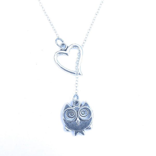 I Love Wise Bird Owl Silver Lariat Y Necklace.