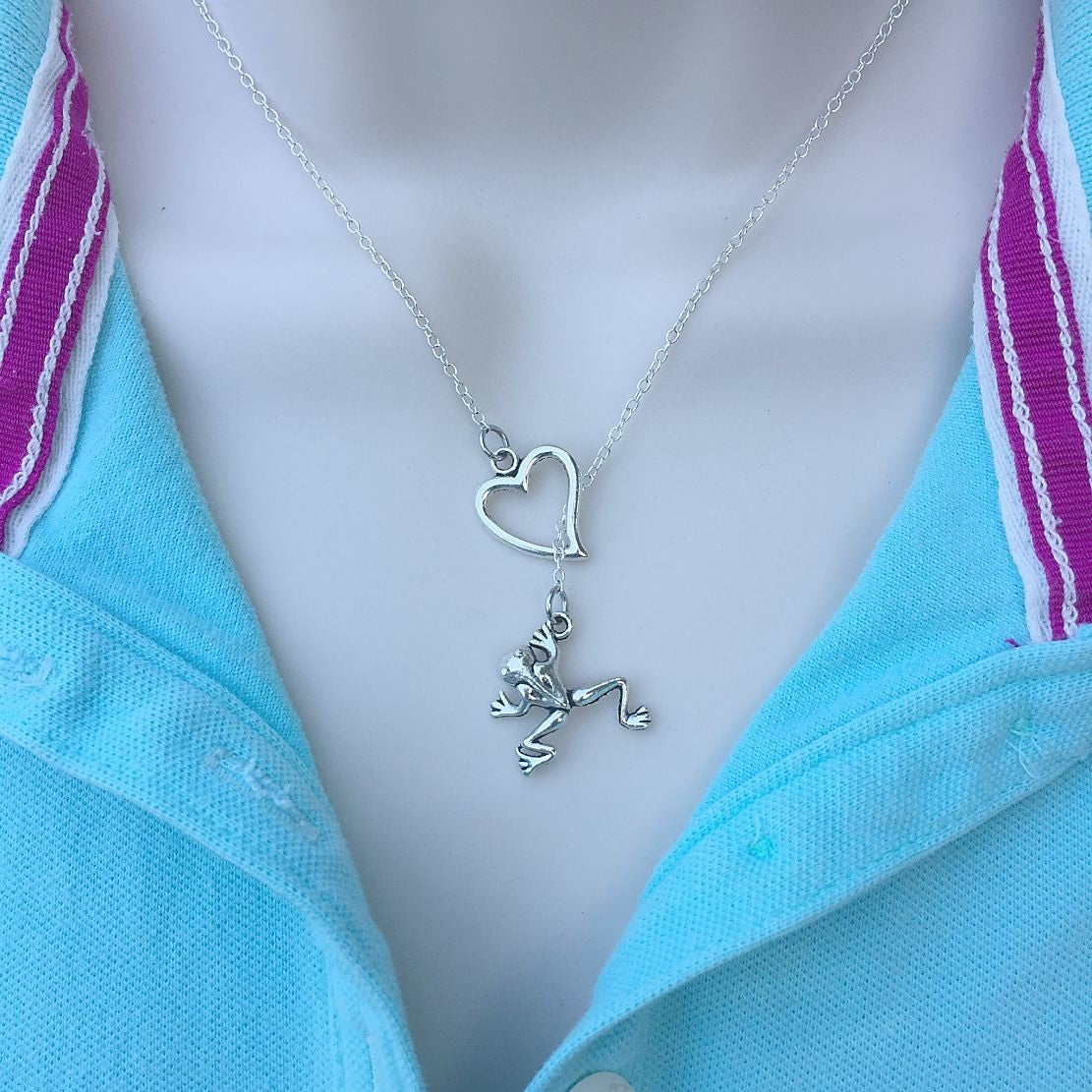 I Love Frog Handcrafted Silver Lariat Y Necklace.