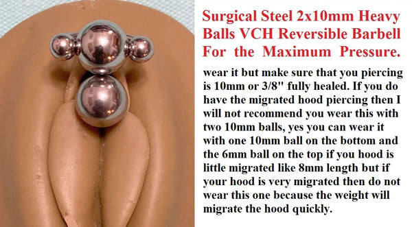 Surgical Steel Solid 2x10 mm Balls 14g REVERSIBLE VCH Barbell for MAXIMUM PLEASURE.
