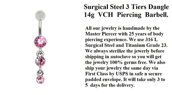 Sterilized Surgical Steel 3 Tiers Drop Pink and Teal Gems VCH Barbell.