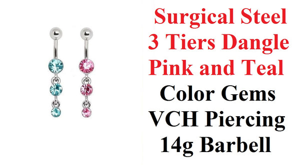 Sterilized Surgical Steel 3 Tiers Drop Pink and Teal Gems VCH Barbell.