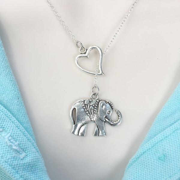 I Love Lucky Elephant Handcrafted Silver Lariat Y Necklace.