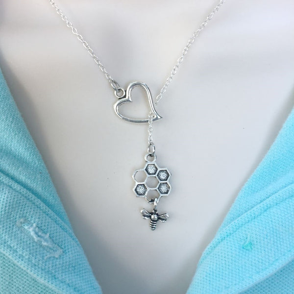 I Love Bee Hive Handcrafted Silver Lariat Y Necklace.