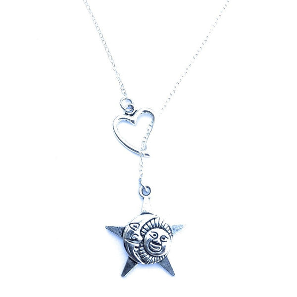 I Love Sun, Moon and Star Handcrafted Silver Lariat Y Necklace.