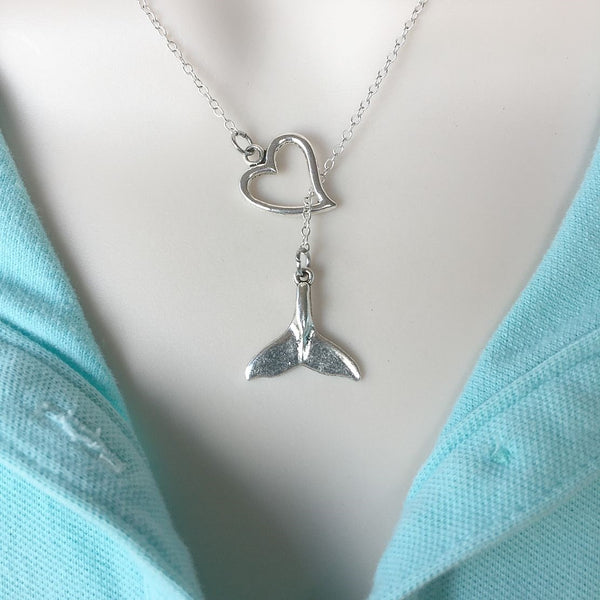 I Love Mermaid/Whale Tail Handcrafted Silver Lariat Y Necklace.