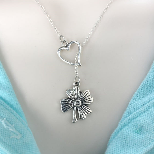 I Love Lucky 4 Leaves Clover Handcrafted Silver Lariat Y Necklace.
