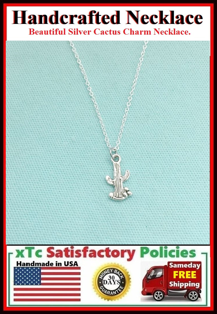 Handcrafted Silver Cactus Charm Necklace.