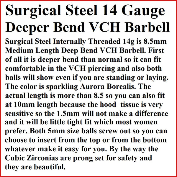 Surgical Steel DEEPER BEND Internal Threaded PRONG SET AB CZs VCH Barbell.