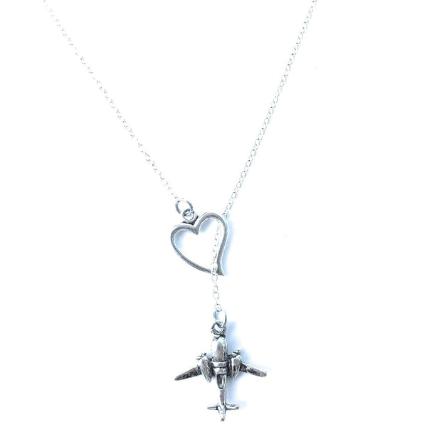I Love Flying Airplane Silver Lariat Y Necklace.