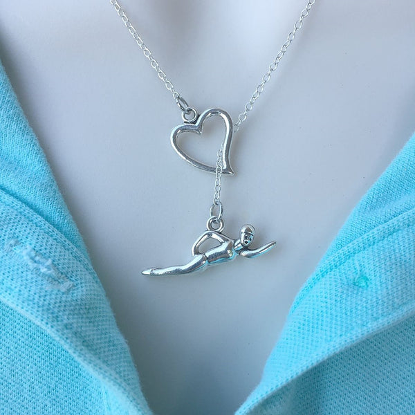 I Love Swimming Handcrafted Silver Lariat Y Necklace.