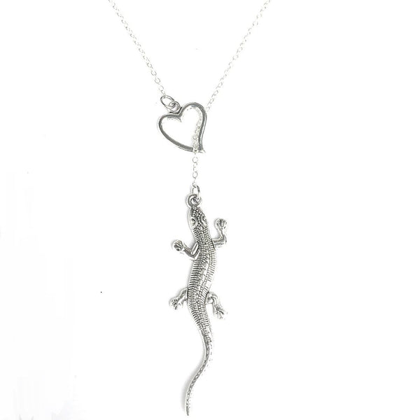 I Love Lizard 2-1/2" Silver Lariat Necklace.