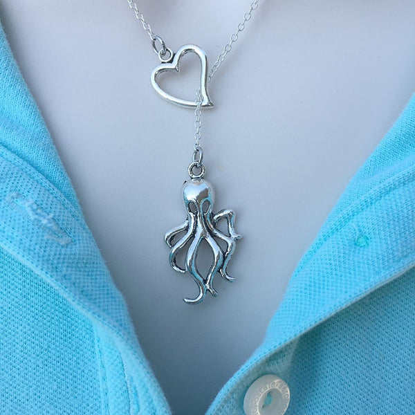 I Love Sea Life (Octopus) Handcrafted Silver Lariat Y Necklace.