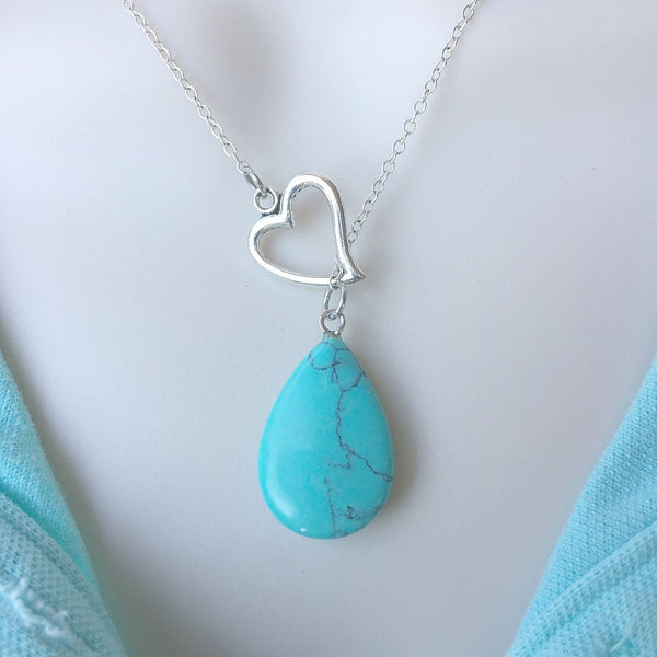 I Love Turquoise Teardrop Silver Lariat Y Necklace.