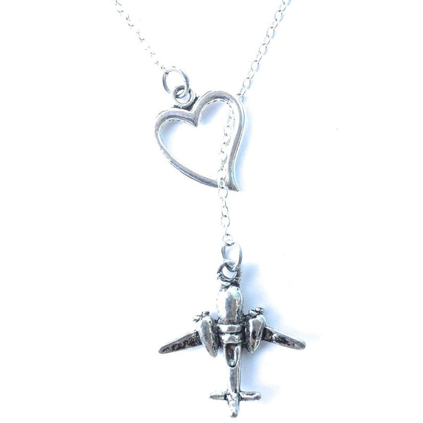 I Love Flying Airplane Silver Lariat Y Necklace.