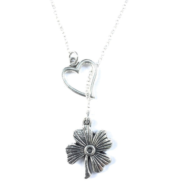 I Love Lucky 4 Leaves Clover Handcrafted Silver Lariat Y Necklace.