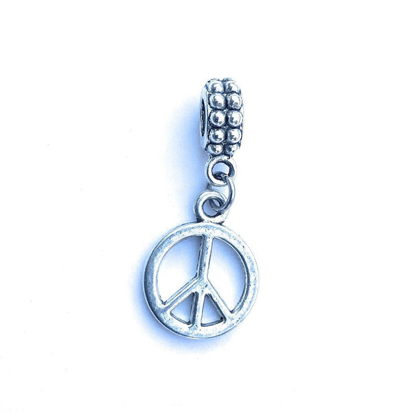Handcrafted Silver Peace Sign Charm Bead for Bracelet.