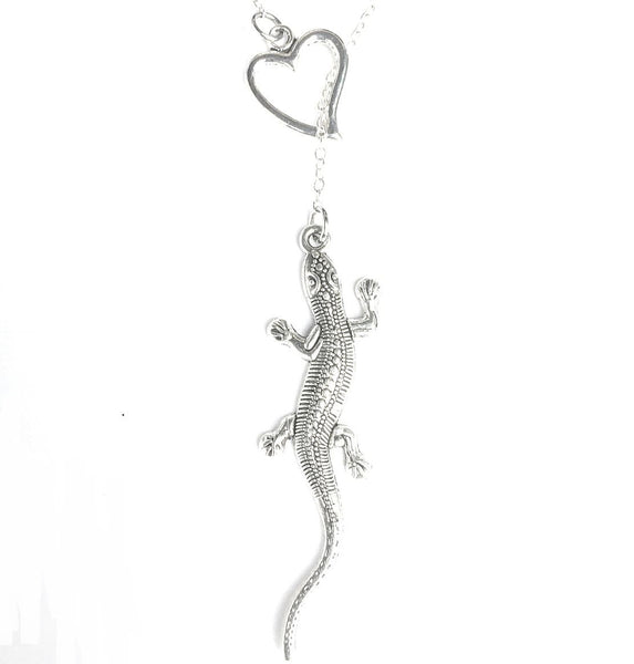 I Love Lizard 2-1/2" Silver Lariat Necklace.