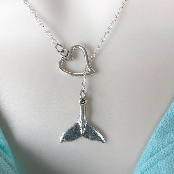 I Love Mermaid/Whale Tail Handcrafted Silver Lariat Y Necklace.