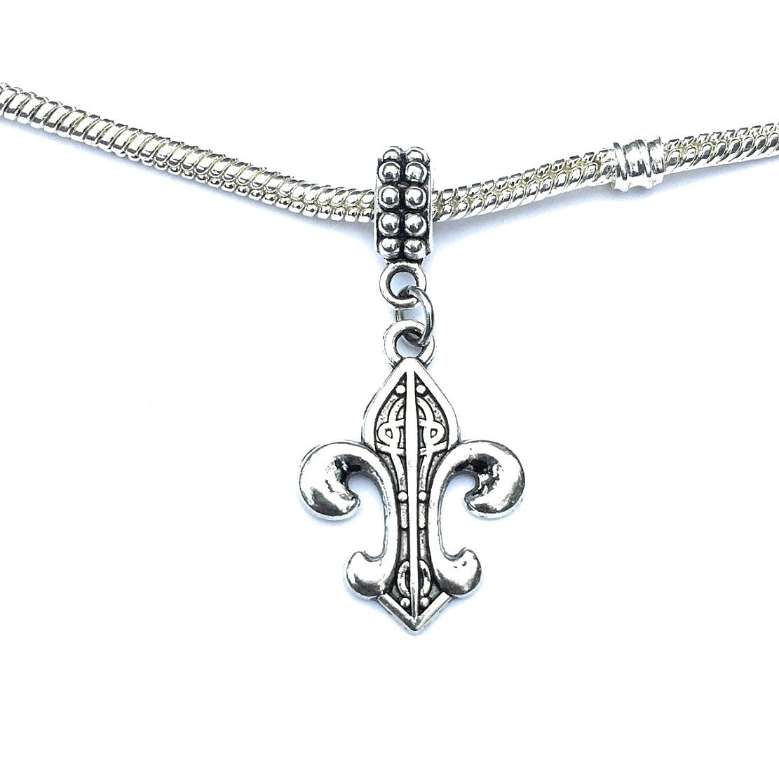 Handcrafted Silver Fleur de Lis Charm Bead for Bracelet.