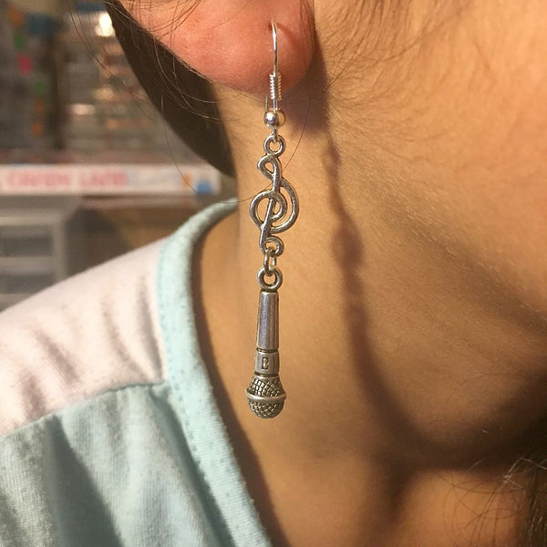 Singer Microphone and Music Note Silver Dangle Earrings.