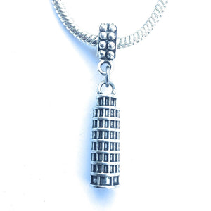 Handcrafted Silver Tower of Pisa Charm Bead for Bracelet.