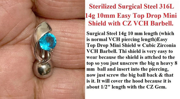 Surgical Steel 14g 10mm Length Easy Top Drop AQUA MINI SHIELD VCH Barbell