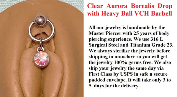 Clear Aurora Borealis Drop VCH Barbell with Heavy Ball for Extra Pressure.