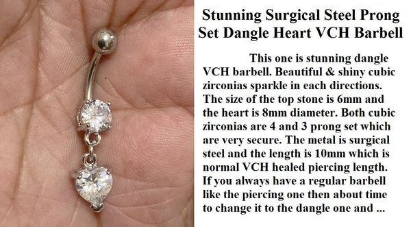 Surgical Steel 14g 10mm Length STUNNING PRONG SET Dangle HEART Barbell.