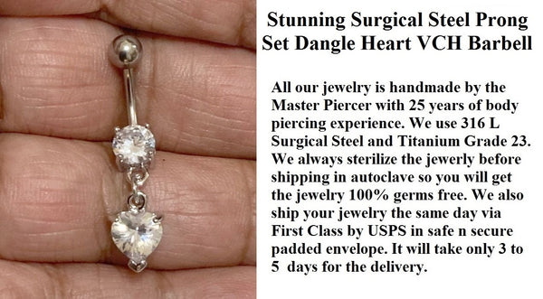 Surgical Steel 14g 10mm Length STUNNING PRONG SET Dangle HEART Barbell.