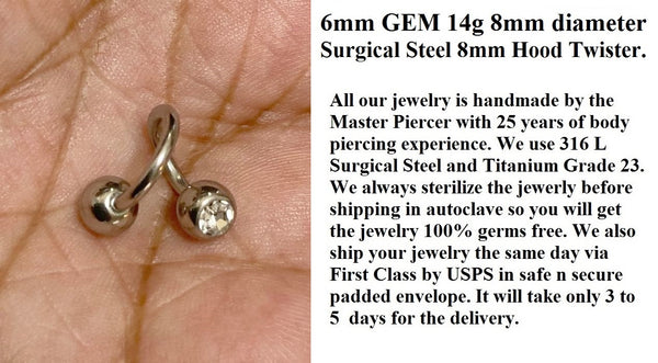 Double 6mm CZ Balls 14g 8mm Dia HOOD TWISTER Sterilized Surgical Steel.
