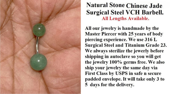 Sterilized Surgical Steel Natural Green JADE Stone 14g VCH Barbell.